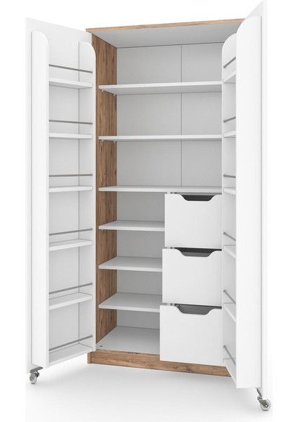 90 Derece Açılabilir 2 Kapaklı, 3 Çekmeceli, Kavanoz Raflı Kiler ve Erzak Mutfak Dolabı