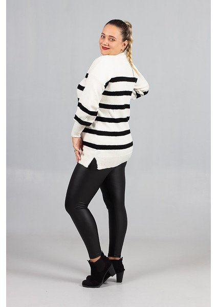 Yan Siyah Çizgili Sakallı Standart Triko | Büyük Beden Triko Kazak (40-46) fiyatları