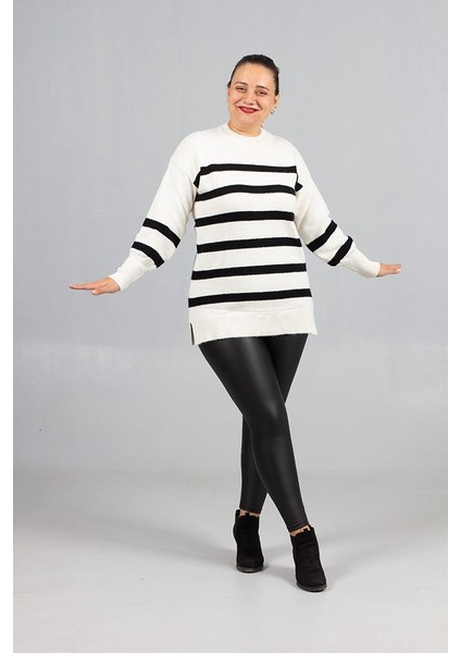 Yan Siyah Çizgili Sakallı Standart Triko | Büyük Beden Triko Kazak (40-46) indirimleri