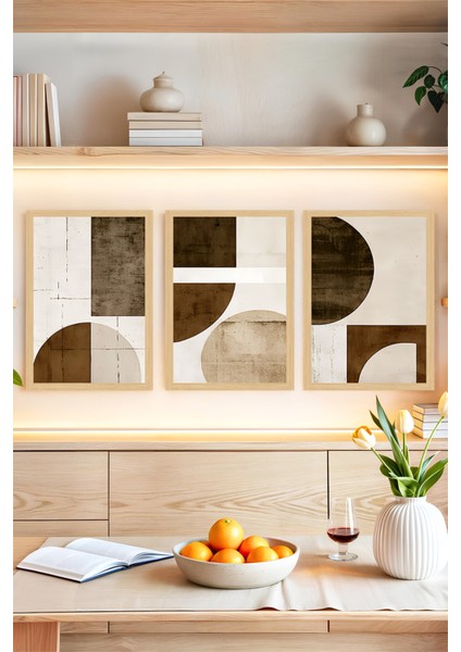 🟤 Geometrik Formlarda Kahve Tonlarında Modern 3’lü Tablo Seti – Çerçeve Görünümlü🌟 CRVS1154 13 x 17