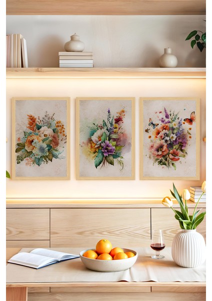 🌸 Renkli Çiçek Aranjmanlı 3'lü Tablo Seti – Çerçeve Görünümlü, Modern Duvar Dekoru🌟 CRVS1169 13 x 17