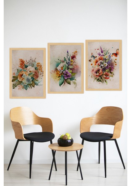 🌸 Renkli Çiçek Aranjmanlı 3'lü Tablo Seti – Çerçeve Görünümlü, Modern Duvar Dekoru🌟 CRVS1169 13 x 17 modelleri