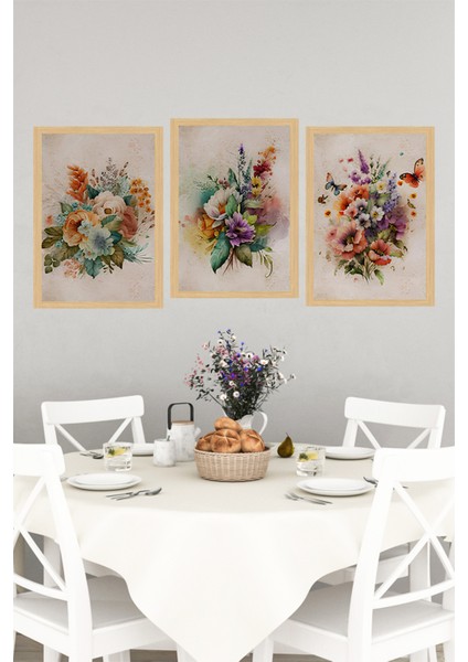 🌸 Renkli Çiçek Aranjmanlı 3'lü Tablo Seti – Çerçeve Görünümlü, Modern Duvar Dekoru🌟 CRVS1169 13 x 17 indirimleri