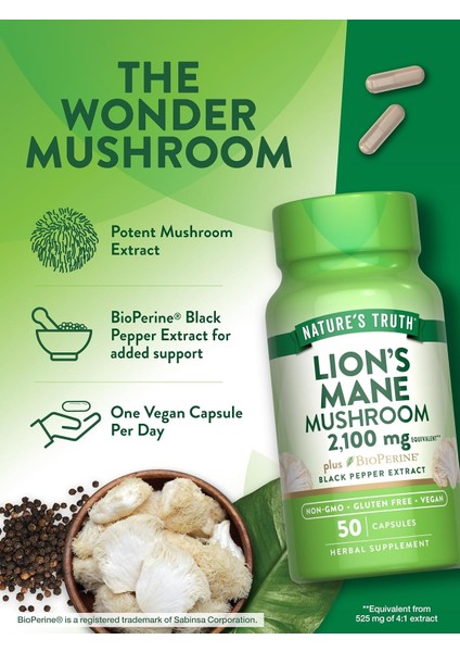 , Lion's Mane(Aslan Yelesi Mantarı) Mushroom Plus Bioperine®, 2100 Mg, 50 Capsules