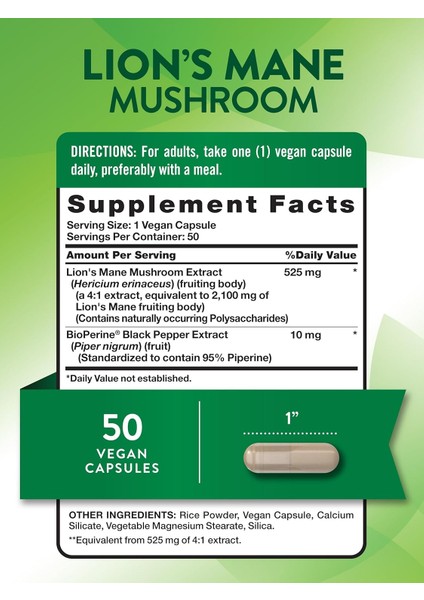 , Lion's Mane(Aslan Yelesi Mantarı) Mushroom Plus Bioperine®, 2100 Mg, 50 Capsules fiyatları