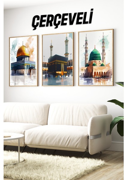 Kudüs, Kâbe ve Mescid-I Nebevi Temalı 3’lü Çerçeveli Tablo Seti🌿 CRV1182 23 x 32