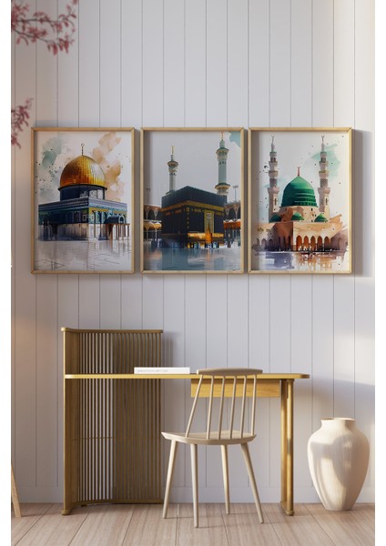 Kudüs, Kâbe ve Mescid-I Nebevi Temalı 3’lü Çerçeveli Tablo Seti🌿 CRV1182 23 x 32 fiyatları