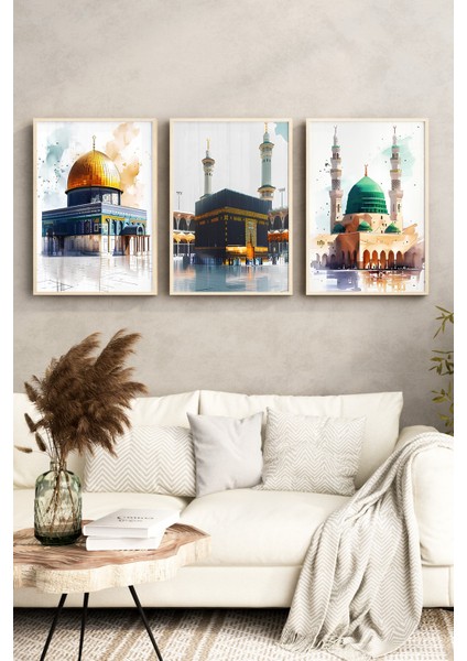 Kudüs, Kâbe ve Mescid-I Nebevi Temalı 3’lü Çerçeveli Tablo Seti🌿 CRV1182 23 x 32 fırsatları