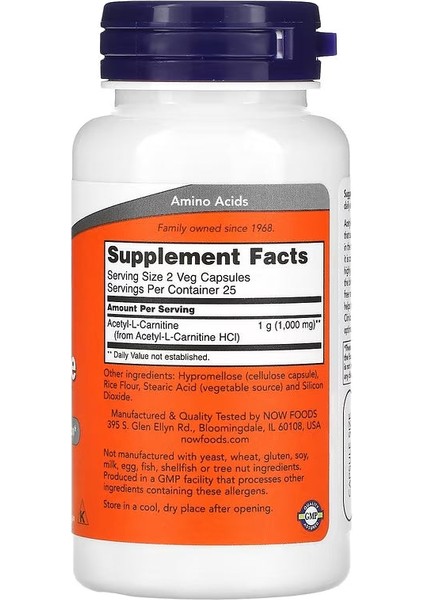 Acetyl-L Carnitine 500 Mg Amino Acid Brain And Nerve Cell Function 50 Veg Capsules fiyatları