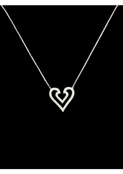 925 Ayar Zirkon Iç Içe Kalp Model, 40-45 cm Kolye Uzunluğu, Ağırlık Ortalama 2-2,5 gr Aralığında, Mükemmel Hediye 925 Ayar Gümüş Kolye (KOD2772)