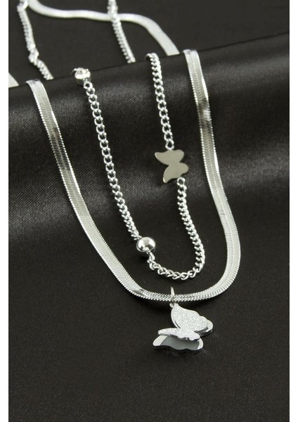 Kelebek Italyan Zincirli Lüks Çelik Ikili Kolye