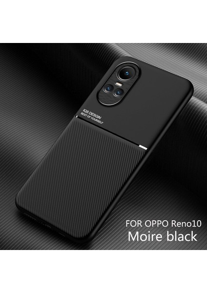 Oppo RENO10 Kılıfı, Şık Moire Gömülü Demir Plaka Halkasız Braketli Telefon Kılıfı-Siyah (Yurt Dışından)