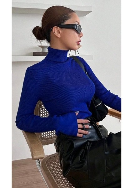 Kadın Pamuklu Balıkçı Yaka Kaşkorse Şardonlu Fitilli Slimfit Kazak Body Standart