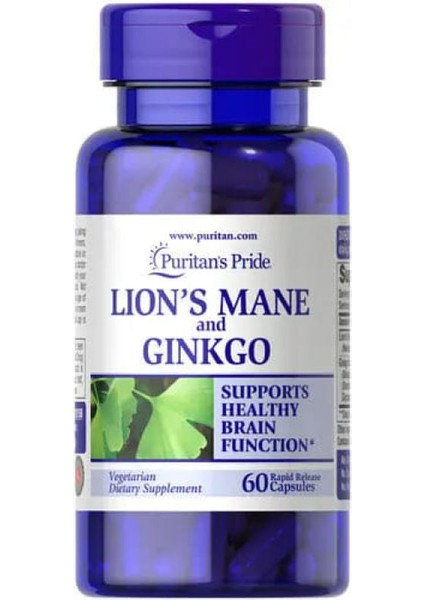 Puritans Pride Lion's Mane And Ginkgo, Aslan Yelesi Mantarı+Ginkgo Özütü 60 Caps