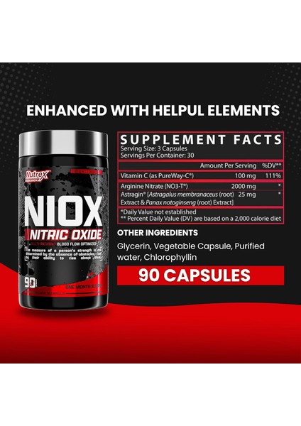 Niox Nitric Oxide Arginine Nitrate+Vitamin C Muscle Pump Booster 90 Tablet
