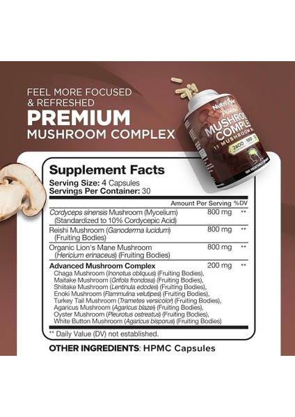 Mushroom Nootropic Complex Lion's Mane Cordyceps Chaga Reishi Turkey Tail Maitake modelleri