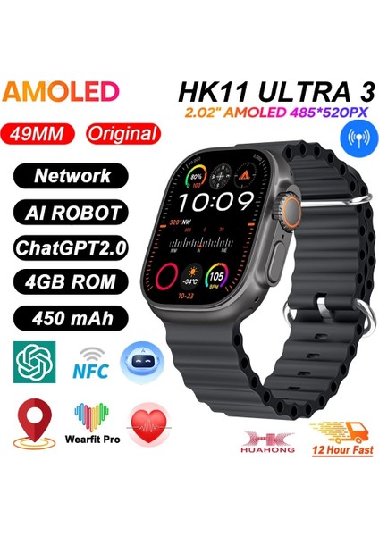 HK11 Ultra 3 Akıllı Saat 2.02” Amoled Ekran | Nfc & Bluetooth | Aı Sesli Asistan | Android & Ios Uyumlu