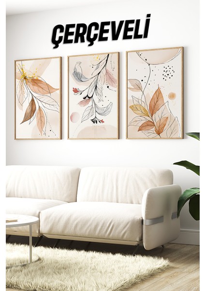 🌿 Modern Çizgilerle Doğanın Zarafeti: 3’lü Çerçeveli Dekoratif Tablo Seti - Yaprak Temalı🌿 CRV1174 23 x 32