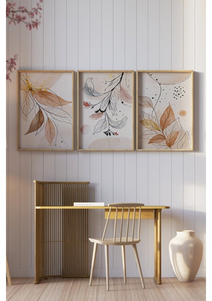 🌿 Modern Çizgilerle Doğanın Zarafeti: 3’lü Çerçeveli Dekoratif Tablo Seti - Yaprak Temalı🌿 CRV1174 23 x 32 fiyatları