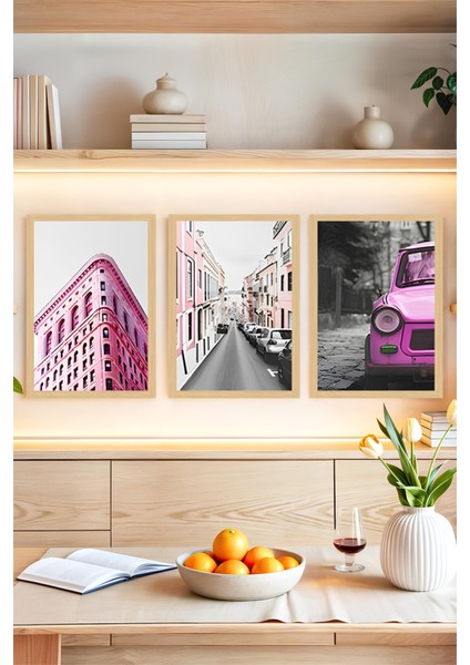 🌆 Pembe Şehir Temalı 3’lü Çerçeve Görünümlü Tablo Seti – Modern Dekorun Renkli Yorumu🌟 CRVS1175 13 x 17