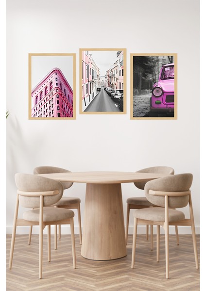 🌆 Pembe Şehir Temalı 3’lü Çerçeve Görünümlü Tablo Seti – Modern Dekorun Renkli Yorumu🌟 CRVS1175 13 x 17 fiyatları