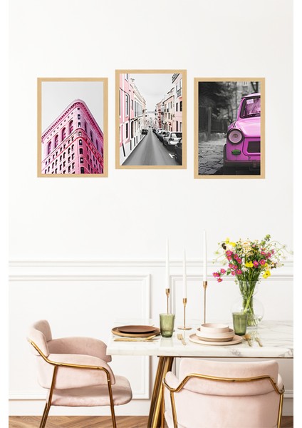 🌆 Pembe Şehir Temalı 3’lü Çerçeve Görünümlü Tablo Seti – Modern Dekorun Renkli Yorumu🌟 CRVS1175 13 x 17 fırsatları