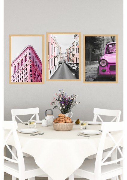 🌆 Pembe Şehir Temalı 3’lü Çerçeve Görünümlü Tablo Seti – Modern Dekorun Renkli Yorumu🌟 CRVS1175 13 x 17 indirimleri