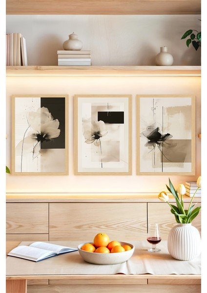 🌿 Siyah Beyaz Modern Çiçek Desenli Çerçeve Görünümlü 3'lü Tablo Seti 🌟 CRVS1173 13 x 17