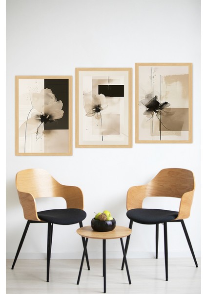 🌿 Siyah Beyaz Modern Çiçek Desenli Çerçeve Görünümlü 3'lü Tablo Seti 🌟 CRVS1173 13 x 17 modelleri