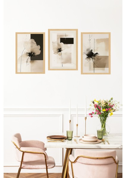 🌿 Siyah Beyaz Modern Çiçek Desenli Çerçeve Görünümlü 3'lü Tablo Seti 🌟 CRVS1173 13 x 17 fırsatları