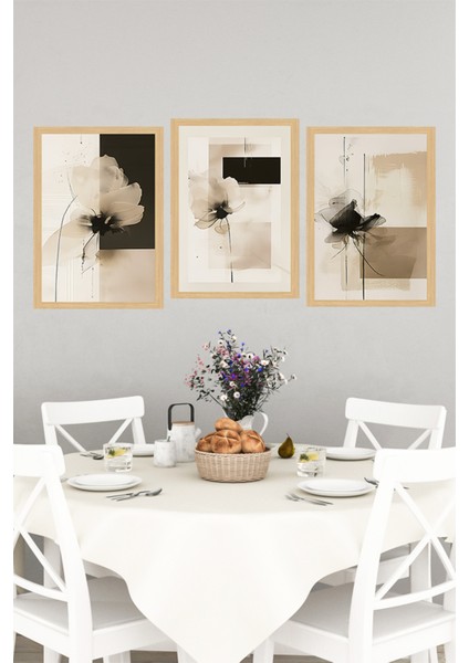 🌿 Siyah Beyaz Modern Çiçek Desenli Çerçeve Görünümlü 3'lü Tablo Seti 🌟 CRVS1173 13 x 17 indirimleri