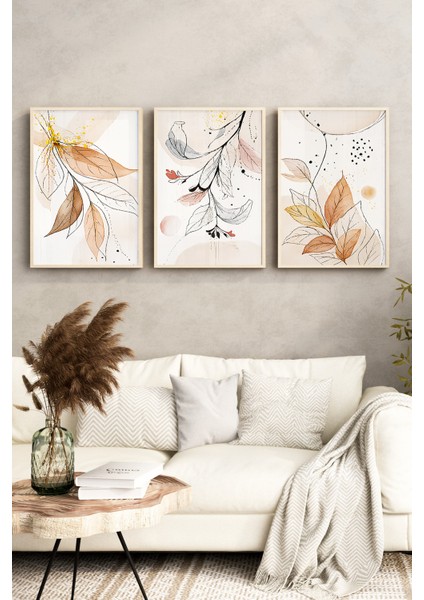 🌿 Modern Çizgilerle Doğanın Zarafeti: 3’lü Çerçeveli Dekoratif Tablo Seti - Yaprak Temalı🌿 CRV1174 23 x 32 fırsatları