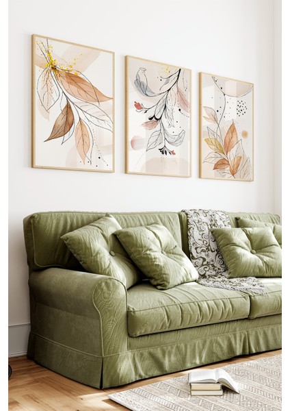 🌿 Modern Çizgilerle Doğanın Zarafeti: 3’lü Çerçeveli Dekoratif Tablo Seti - Yaprak Temalı🌿 CRV1174 23 x 32 indirimleri