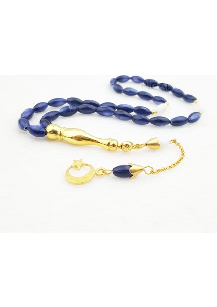 925 Ayar Gümüş Ayyıldız Püsküllü Arpa Kesim Lacivert Sedef Tesbih