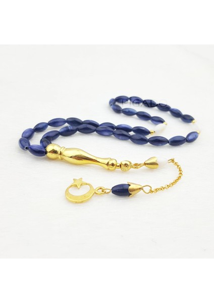 925 Ayar Gümüş Ayyıldız Püsküllü Arpa Kesim Lacivert Sedef Tesbih fiyatları