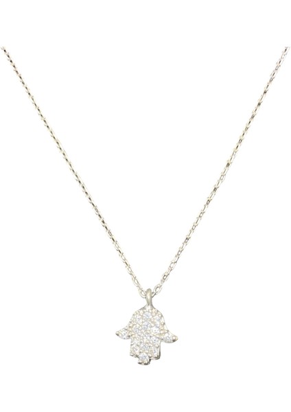 925 Ayar, Zirkon Taş Fatma Ana Eli Model, 40-45 cm Kolye Uzunluğu, Ağırlık Ortalama 2-2,5 gr Aralığında, Mükemmel Hediye 925 Ayar Gümüş Kolye (KOD2722)