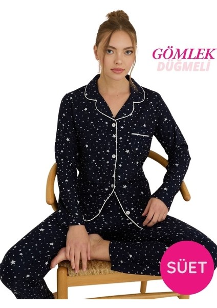 Kadın Gömlek Yaka Önden Düğmeli Saten Biyeli Göğüs Cepli Ince Süet Kışlık Uzun Kol Pijama Takımı