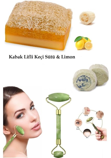 3'lü Set Kabak Lifli Sabun Keçi Sütü&Limon Çift Taraflı Yüz Masaj Aleti Peeling Sivilce Ruşur Taşı