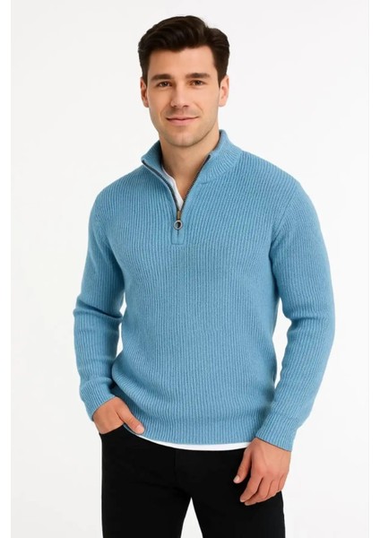 Erkek Yarım Fermuarlı Triko Kazak – Selanik Örgü, Dik Yaka, Pamuklu Dokuma, Regular Fit Uzun Kollu Kışlık Model - Bebe Mavisi