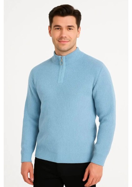 Erkek Yarım Fermuarlı Triko Kazak – Selanik Örgü, Dik Yaka, Pamuklu Dokuma, Regular Fit Uzun Kollu Kışlık Model - Bebe Mavisi fiyatları