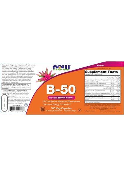 Vitamin B-50MG Folate Paba Choline Inositol 100 Caps fiyatları