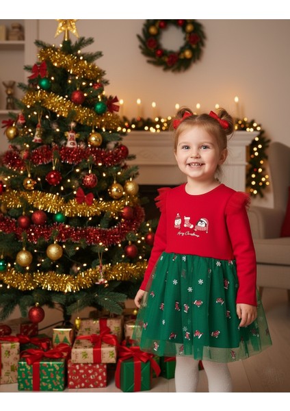 Kız Bebek Snowman And Penguın Desenli Tüllü Yılbaşı Elbisesi NBK-24915