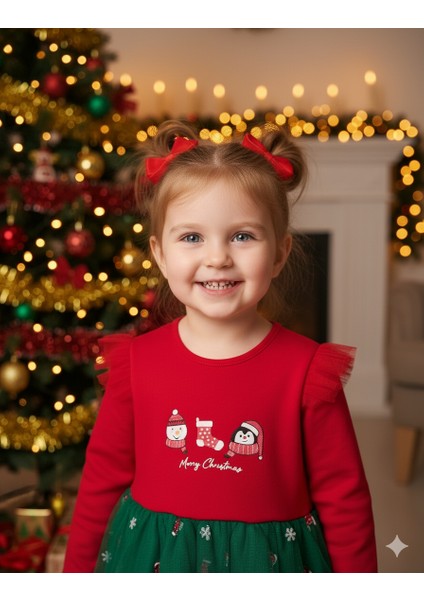 Kız Bebek Snowman And Penguın Desenli Tüllü Yılbaşı Elbisesi NBK-24915 fiyatları