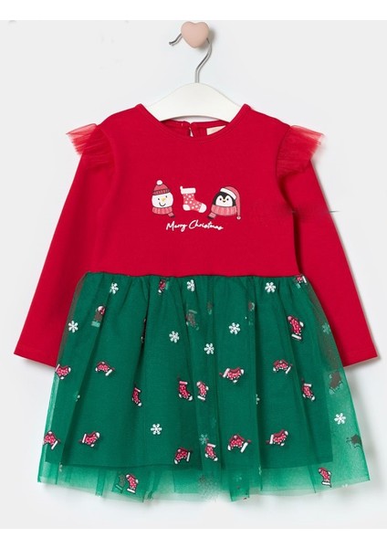 Kız Bebek Snowman And Penguın Desenli Tüllü Yılbaşı Elbisesi NBK-24915 modelleri