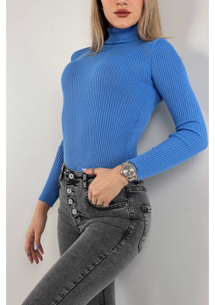 Kadın Pamuklu Balıkçı Yaka Kaşkorse Şardonlu Fitilli Slimfit Kazak Body Standart