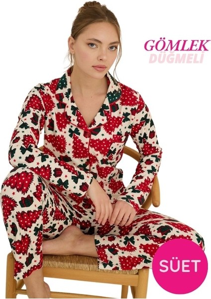 Kadın Gömlek Yaka Önden Düğmeli Saten Biyeli Göğüs Cepli Ince Süet Kışlık Uzun Kol Pijama Takımı