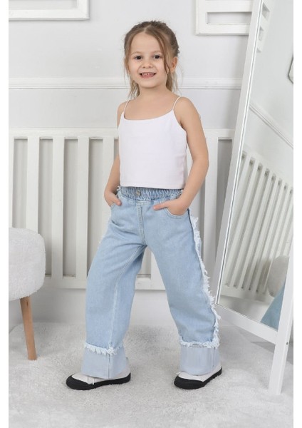 Premium Kalite Mavi Geniş Paça Jean Denim Kız Çocuk Pantolon