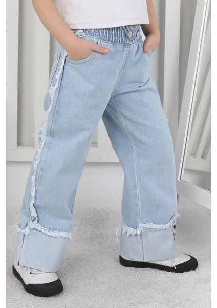 Premium Kalite Mavi Geniş Paça Jean Denim Kız Çocuk Pantolon modelleri