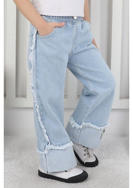 Premium Kalite Mavi Geniş Paça Jean Denim Kız Çocuk Pantolon fırsatları