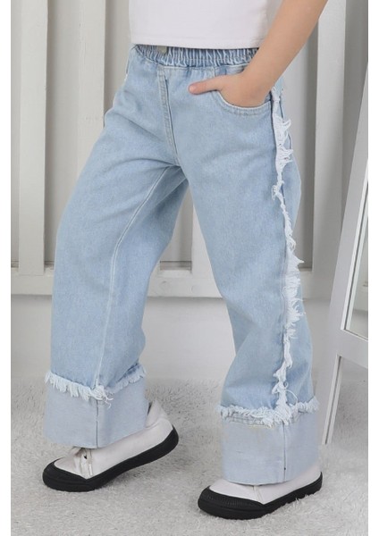 Premium Kalite Mavi Geniş Paça Jean Denim Kız Çocuk Pantolon indirimleri